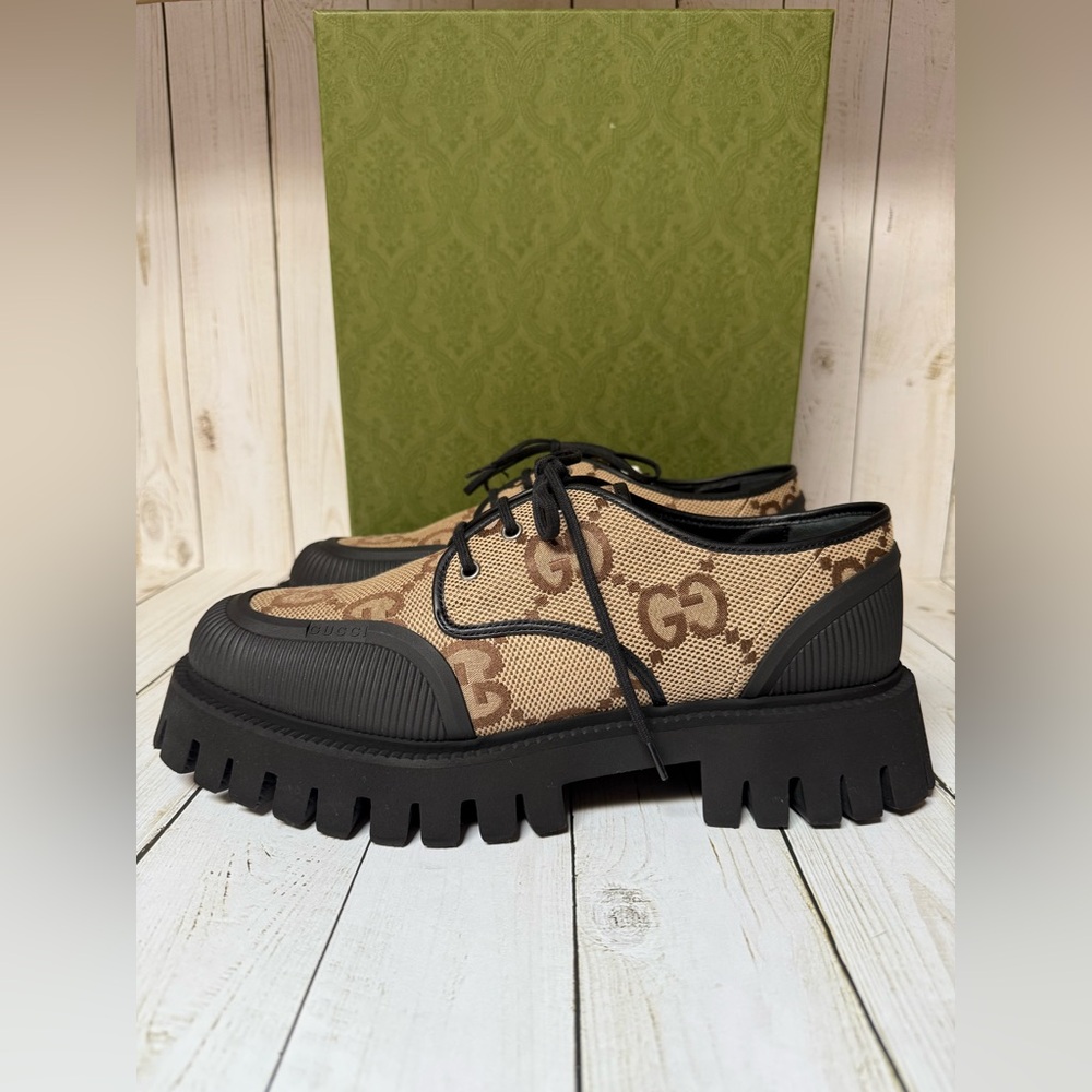 Gucci Monogram Jumbo Maxi GG Lace Up Derby Camel Ebony Black Sz 11G / 12US - Picture 3 of 12